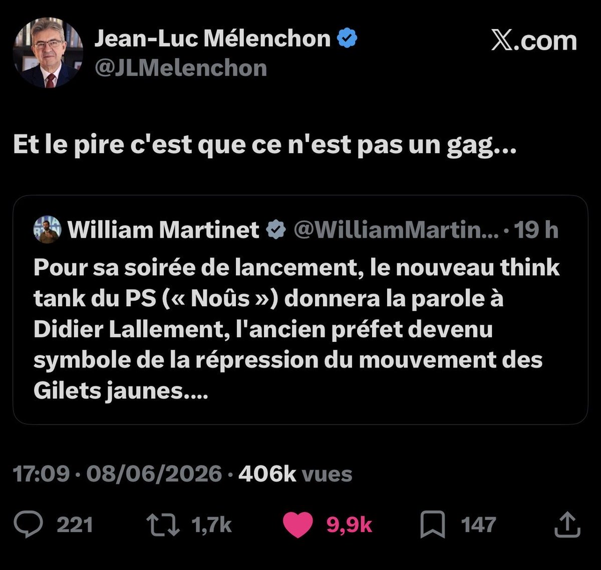 NMer29's tweet photo. @faureolivier « On a invité #Lallement parce qu’on n’a plus assez de poids pour attirer qui que ce soit.

On espérait faire du bruit, pas “lui servir la soupe”.

Maintenant que Mélenchon fait 10k likes et moi 200, je fais semblant que c’était stratégique »
Spoiler : non. 
#PlusJamaisPS ! 🧹🕳️ https://t.co/VXbxnd3JkH