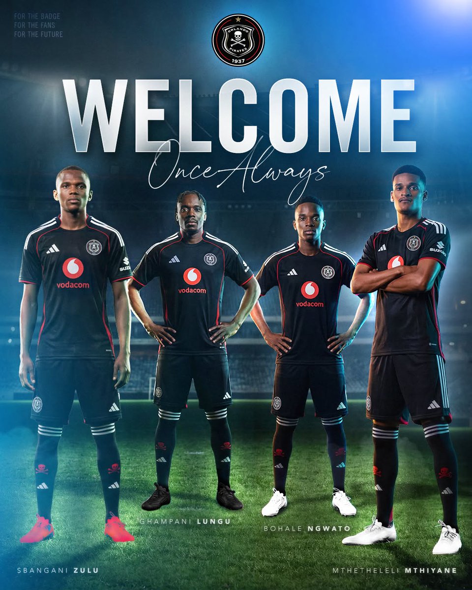 SoccerBeatZA's tweet photo. 🚨BREAKING ☠️

Orlando Pirates have announced their first signings of the off-season, welcoming four new players to the club. 🏴‍☠️

✅ Mthetheleli Mthiyane (Stellenbosch FC) 
✅ Sbangani Zulu (Richards Bay)
✅ Bohale Ngwato (Siwelele)
✅ Ghampani Lungu (Siwelele)

The Buccaneers are already strengthening their squad as they look to defend their Betway Premiership title. 🏆📈

#OrlandoPirates #GoldenHour #Amstel #BetwayPrem #AirMobile #AbsaFootballFridays #SuzukiSA