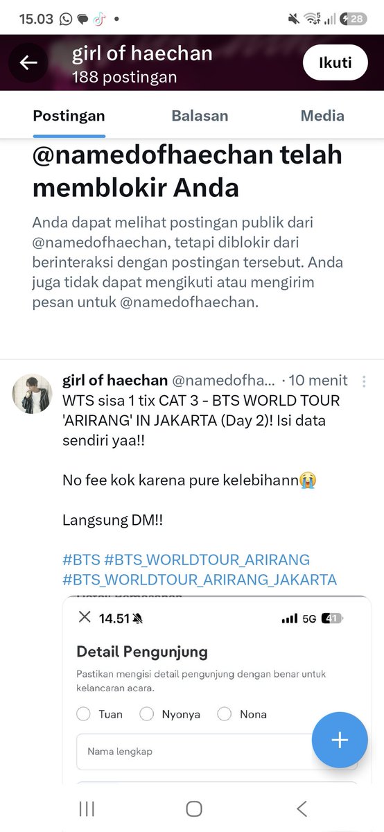 ql_nshzf's tweet photo. @entrkive ARMY PLIS TOLONG DONG
ini beneran kena scam tiket konser bts cat 3 karena panic buying sumpah, nama akunnya namedofhaechan, ini tf nya ke gopay 085782246441, sumpah aku nitip ke orang terus orang nya beli di dia, orangnya ngasi datanya juga ke dia, tolong bgt army bantu lacak 🙏 https://t.co/UREGlRFCs4