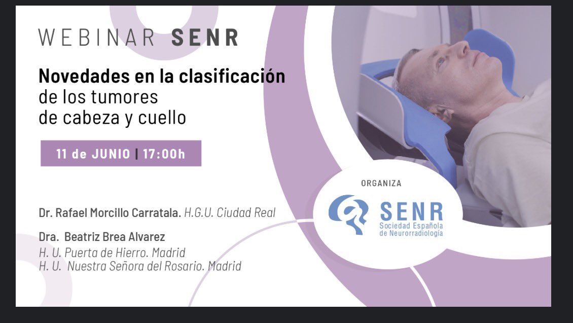 SENR_org's tweet photo. 📢 Webinar SENR
Novedades en la clasificación de los tumores de cabeza y cuello

🗓 11 de junio | 17:00 h
🎙 Dr. Rafael Morcillo y Dra. Beatriz Brea

🔗 Inscripción: https://t.co/1qlpUgDmCB

#SENR #Neurorradiología #Radiología https://t.co/XMyOE62pth