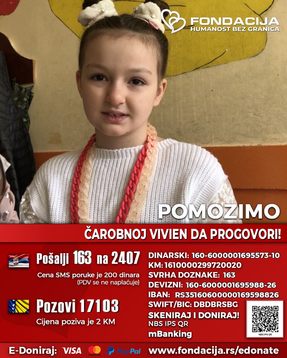 Vladano's tweet photo. Vivien je sa 16 meseci dijagnostikovan atipični autizam i od tada kreće njena borba. 

Pomozimo!

🇷🇸  Pošalji SMS: 163 na 2407
https://t.co/HSkXve0Nrx
(link za mobilne)

🇧🇦  Pozovi: 17103

Skeniraj QR kod - mBanking

E-Doniraj - VISA, MasterCard, PayPal:
https://t.co/gRSTd4hP6h https://t.co/3G1hV3nDgq