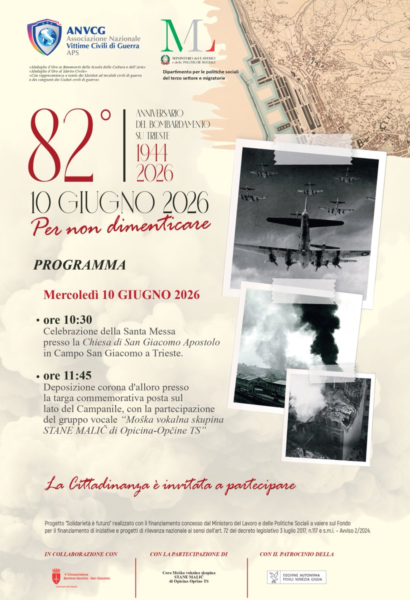 ComunediTrieste's tweet photo. 82° Anniversario del bombardamento su Trieste 1944-2026
Domani, 10 giugno alle ore 10:30, presso la chiesa di Campo San Giacomo, si svolgerà l'evento "Per non dimenticare". Durante l'incontro verranno commemorati gli 82 anni dal bombardamento su S. Giacomo https://t.co/EwAHvuIGzT