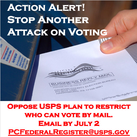 lwv_wa's tweet photo. Proposed US Postal Service changes will undermine free and fair elections. Many choose mail-in voting because it’s convenient, accessible or the only option. Oppose these changes. Tell the USPS to stick to its core mission. Email now! PCFederalRegister@usps.gov Deadline: July 2 https://t.co/GUGcXJZfPS