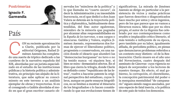 rjimenezasensio's tweet photo. Esta pieza de Ignacio F. Garmendia. "País", es sencillamente espléndida.
A propósito del libro de "Clarín, republicano de las letras" y de las anteriores obras de Galdós y Valera, resalta la línea de continuidad entre la España caciquil y patrimonial y la que hoy en día padecemos https://t.co/T8sZRC0Lbn