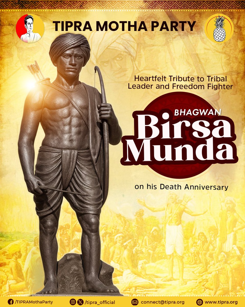 tcftipra's tweet photo. Humble tributes to Bhagwan Birsa Munda on his death anniversary. His legacy of courage, resistance, and indigenous pride lives on.
@PradyotManikya
#TIPRA #TIPRAsa #Thansa
#OneNorthEast https://t.co/zVdJFUWXOD