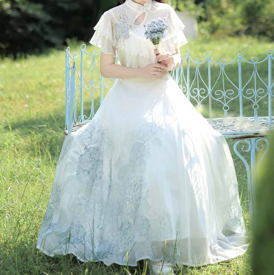月白紫陽花フリルロングドレス💗