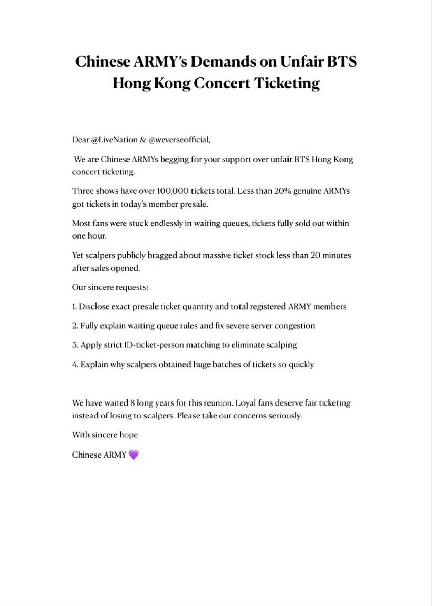 FigMrigold's tweet photo. We Chinese ARMY submit demands on unfair BTS HK concert ticketing. Please review our letter and reply soon.
@LiveNation @weverseofficial @BIGHIT_MUSIC

#FairTicketsForChineseARMY
#BTSHKTicketingTransparency
#StopConcertScalping https://t.co/AIRIFuGBTP