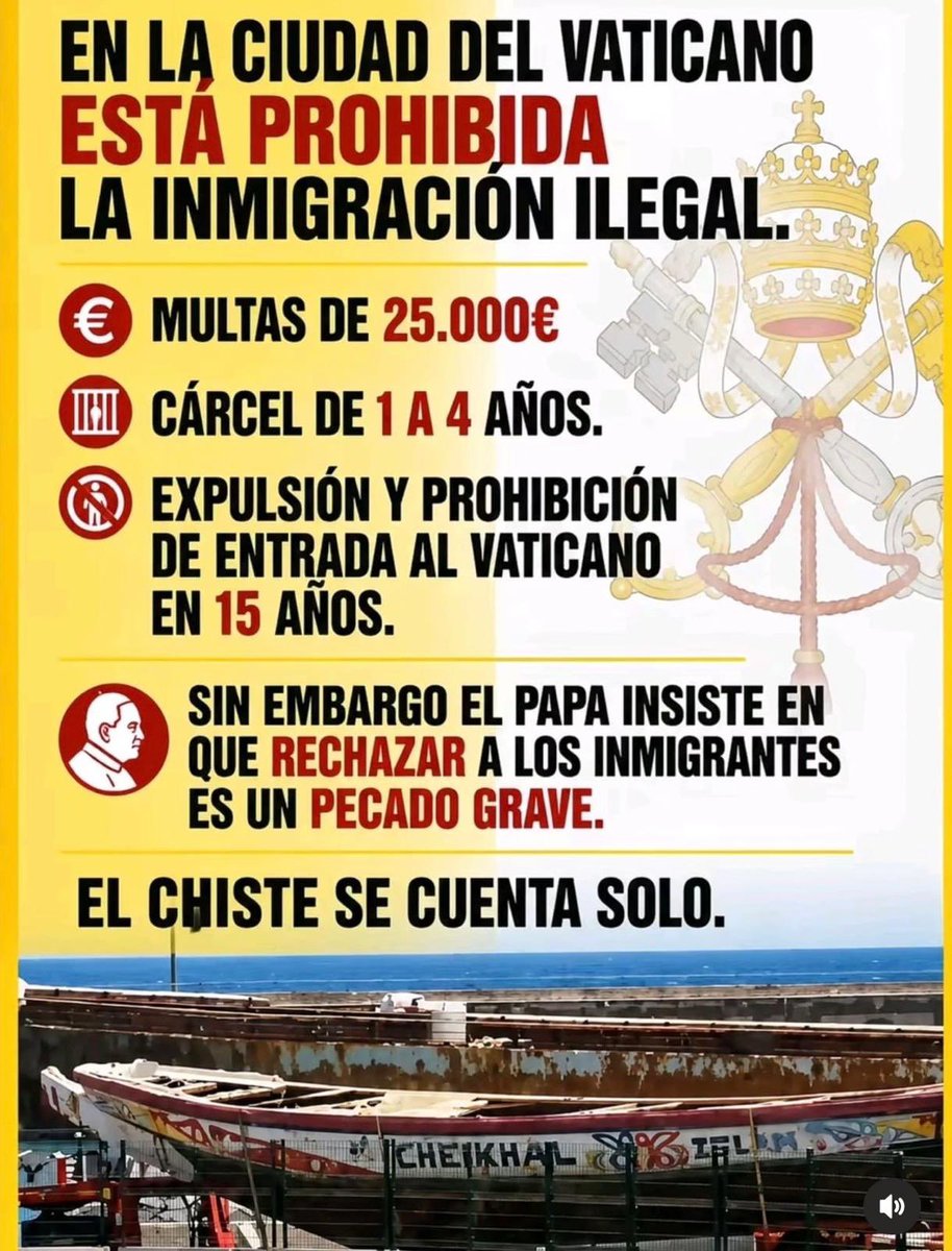 ZefierZ's tweet photo. ¿Qué opinas de que el Papa haya llegado el 6 del 6 del año 26 y 6 días a España (666 número satánico) y encima fomente la inmigración ilegal y defensa del islam mientras en el Vaticano no sólo la prohíbe, sino que tiene penas de cárcel, multas y expulsión y silencio absoluto de los cristianos asesi en países islámicos? 
1. Casualidad
2. Causalidad
3. Causalidad a las órdenes masónicas y satánicas de las élites que nos imponen la Agenda 2030/50