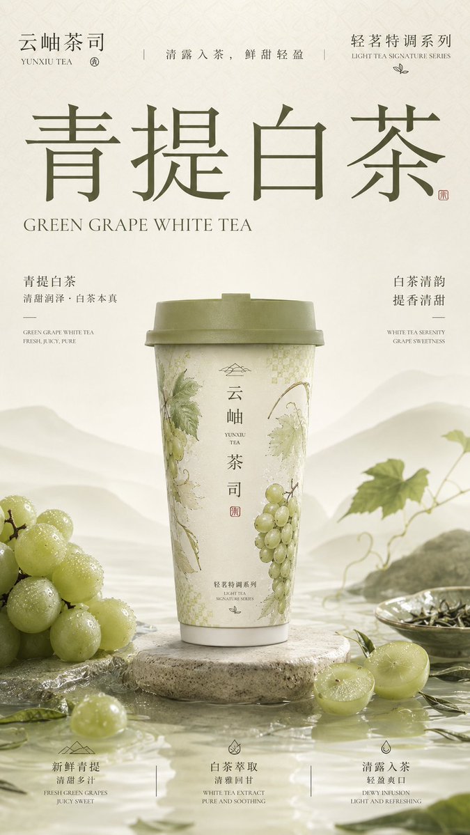 MrLarus's tweet photo. 🤯用 ChatGPT-Image2 做新中式茶饮包装海报，夏季爆款必出！

巨型标题、居中产品杯、东方风味元素、包装设计和杂志式排版：
1、墨岩乌龙
2、青提白茶
3、桂雪米乳
4、桃雾茉云
每张都把口味变成了视觉：岩石、水纹、云雾感…
结合完整杯型包装，直接就像一套新品上市主视觉！

很适合茶饮、咖啡、香氛、甜品、东方品牌包装设计参考！
通用提示词放评论区👇