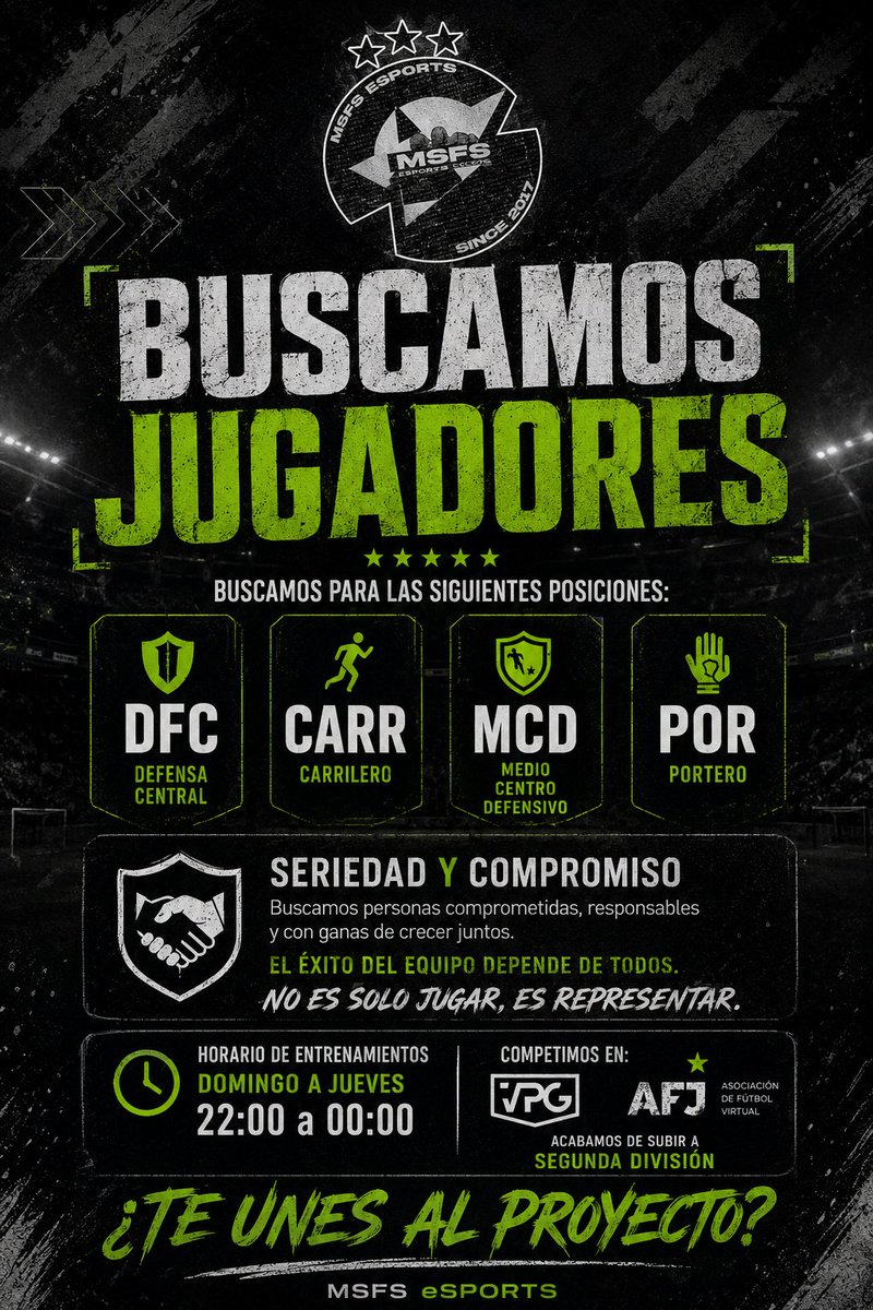 MSFSesports's tweet photo. MSFS eSports busca jugadores para reforzar su plantilla y seguir hacer creciendo su proyecto.
Competiremos en 5a VPG, 2a AFJ y VPG ZERO
Interesados MD!! https://t.co/HORmBqFqhp