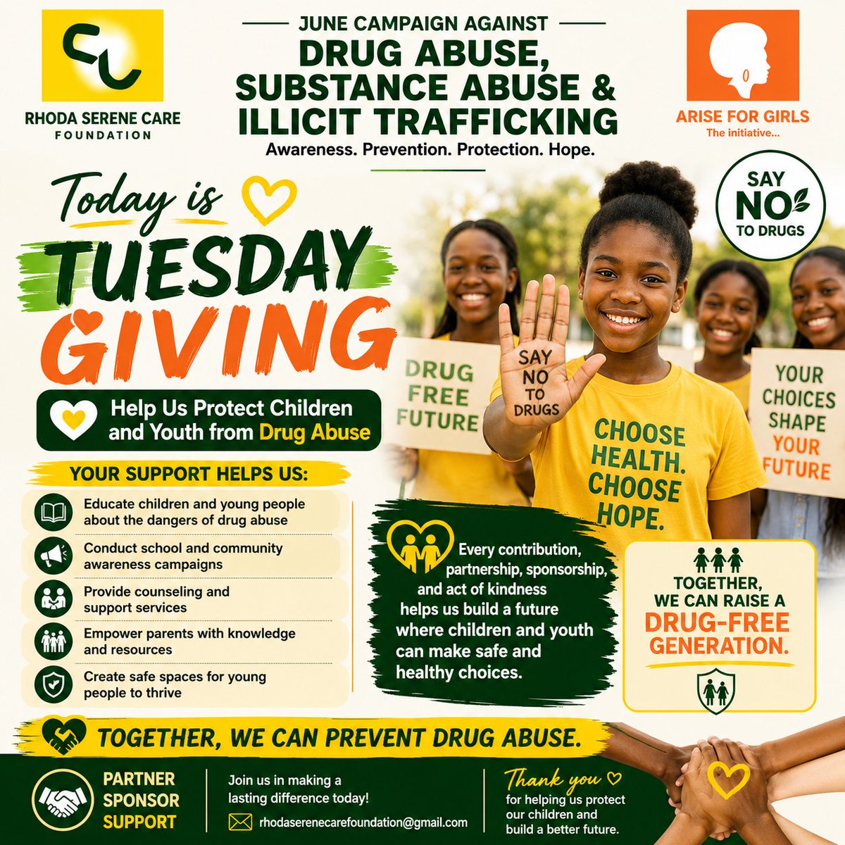 rhodasereneCFDN's tweet photo. #TuesdayGiving
Every child deserves the chance to grow up safe, healthy, informed, and free from the dangers of drug abuse.
This June, as we campaign against Drug Abuse, Substance Abuse, and Illicit Trafficking, we invite you to be part of the solution.
Thread 1/2 https://t.co/Wa46MftAgP