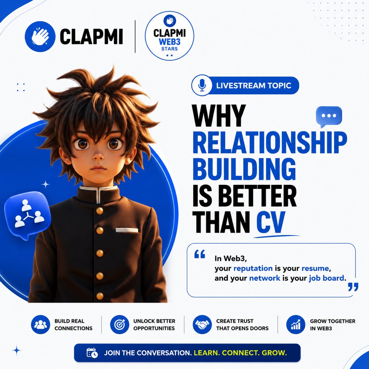 raphael_eph's tweet photo. Your next opportunity may come from a relationship, not your CV 👀

🎙️ WHY RELATIONSHIP BUILDING IS BETTER THAN CV

"In Web3, your reputation is your resume, and your network is your job board.

📅 June 12, 2026
🕖 7PM WAT
📍 Live on @Clapmihq

Inspired by @UdousoBenjamin @vgnett https://t.co/99unvHctSa