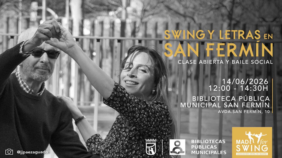 MADforSwing's tweet photo. SWING Y LETRAS EN SAN FERMIN
Domingo 14/06/26 12:00-14:30 
Entrada libre
Clase abierta con Olga y Rafa. Baile social con selección musical de DJ A tope!
Biblioteca Municipal San Fermín, Avda. San Fermín 10
!Os esperamos!
https://t.co/zAt5SIHydL

#SomosMADforSwing https://t.co/L4EauNMOQB