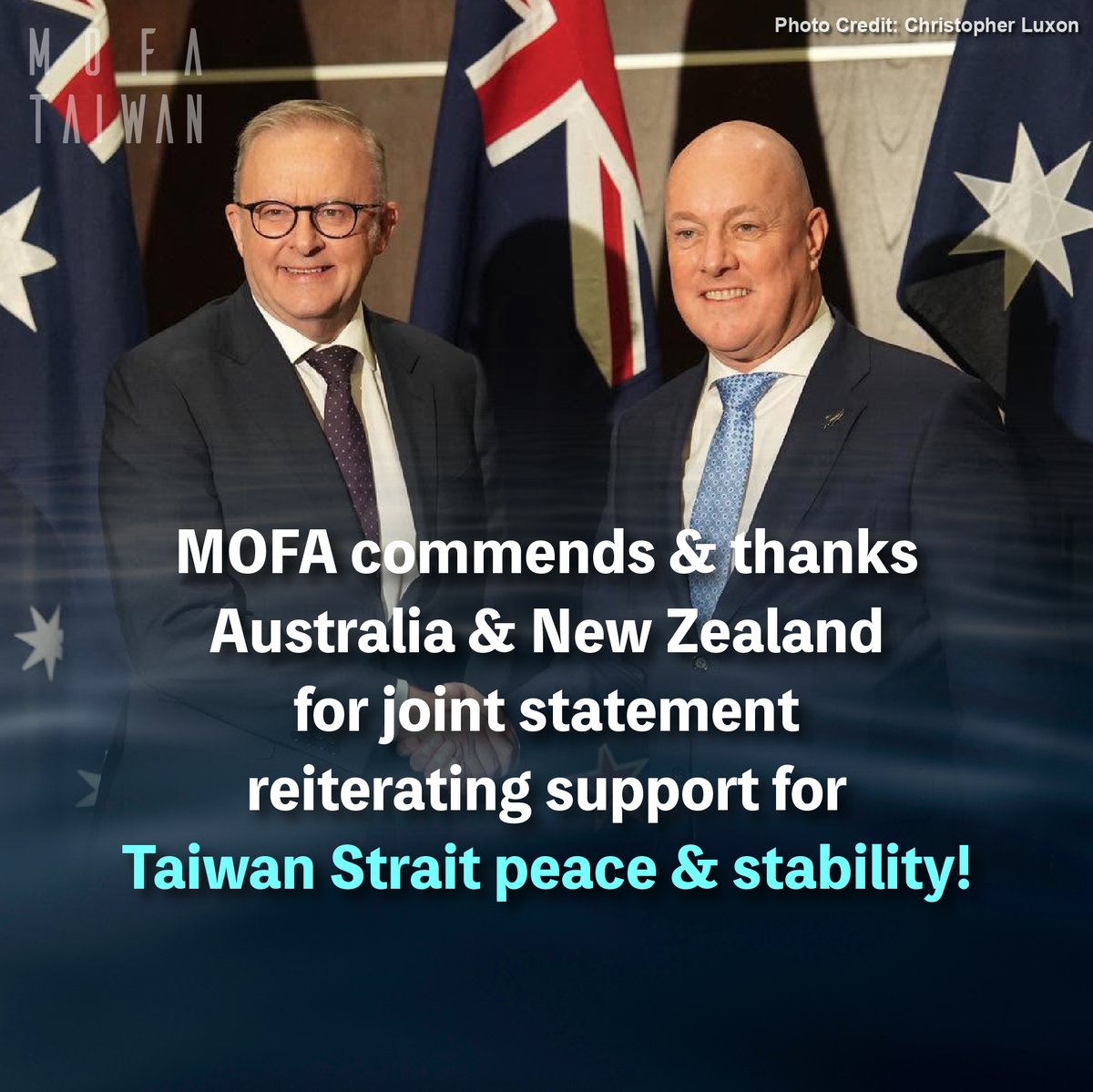 MOFA_Taiwan's tweet photo. Min. @chia_lung commends &amp; thanks #Australia🇦🇺 &amp; #NewZealand🇳🇿 for reaffirming the importance of #TaiwanStrait peace &amp; stability &amp; opposing unilateral changes to the status quo in the leaders' joint statement. Taiwan🇹🇼 will continue working with partners to uphold regional peace. https://t.co/q30x4Xitxv