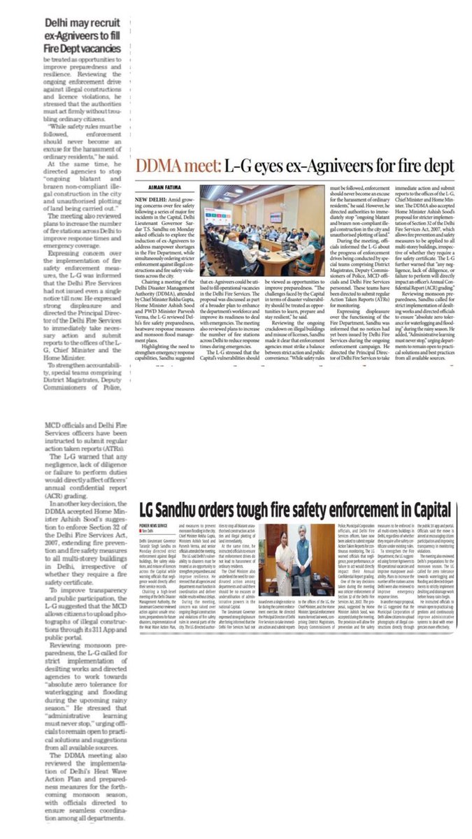 LokNiwasDelhi's tweet photo. Recent media reports on Hon’ble @LtGovDelhi, Sardar @SandhuTaranjitS,

Hon’ble LG chaired a @DDMA_official meeting with Hon’ble Chief Minister Smt. @gupta_rekha Ji  and other Cabinet Ministers to review enforcement against illegal buildings, fire safety violations and disaster preparedness. He directed the time-bound submission of action taken reports and suggested exploring the engagement of ex-Agniveers to strengthen the Fire Department workforce.