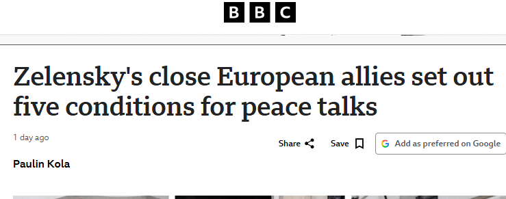 Glenn_Diesen's tweet photo. The European "five conditions" for peace talks are tantamount to Russian capitulation: 
1. Immediate ceasefire
2. The current contact line becomes the starting point for negotiations. Ukraine can join NATO. 
3.Legally binding security guarantees, including the deployment of foreign troops in Ukraine.
4. Russian assets are used to compensate Ukraine
5. Deal requires the consent of EU and NATO member states
*** The objective of European leaders is to prolong the war and pull the US into a more direct role. Toward this end, the narrative being developed is that the Europeans and Zelensky want negotiations, while Russia does not. Russia has made it clear since 2014 that restoring Ukraine's neutrality by ending NATO expansionism is a requirement for ending the conflict, while also demanding territorial concessions as a result of the war. The ceasefire will be used to rearm and regroup to prolong the war, the security guarantees and deployment of foreign troops undermine neutrality, and Russia will not accept giving up the money that was stolen. There is zero chance that any of these points can be met as the condition for peace talks. However, that is the point of setting such conditions for peace talks. The objective is to keep the war going, but manage the narrative after more than 4 years of boycotting diplomacy. Expect a lot of headlines about how European leaders are pushing for peace, only to meet resistance from Moscow.