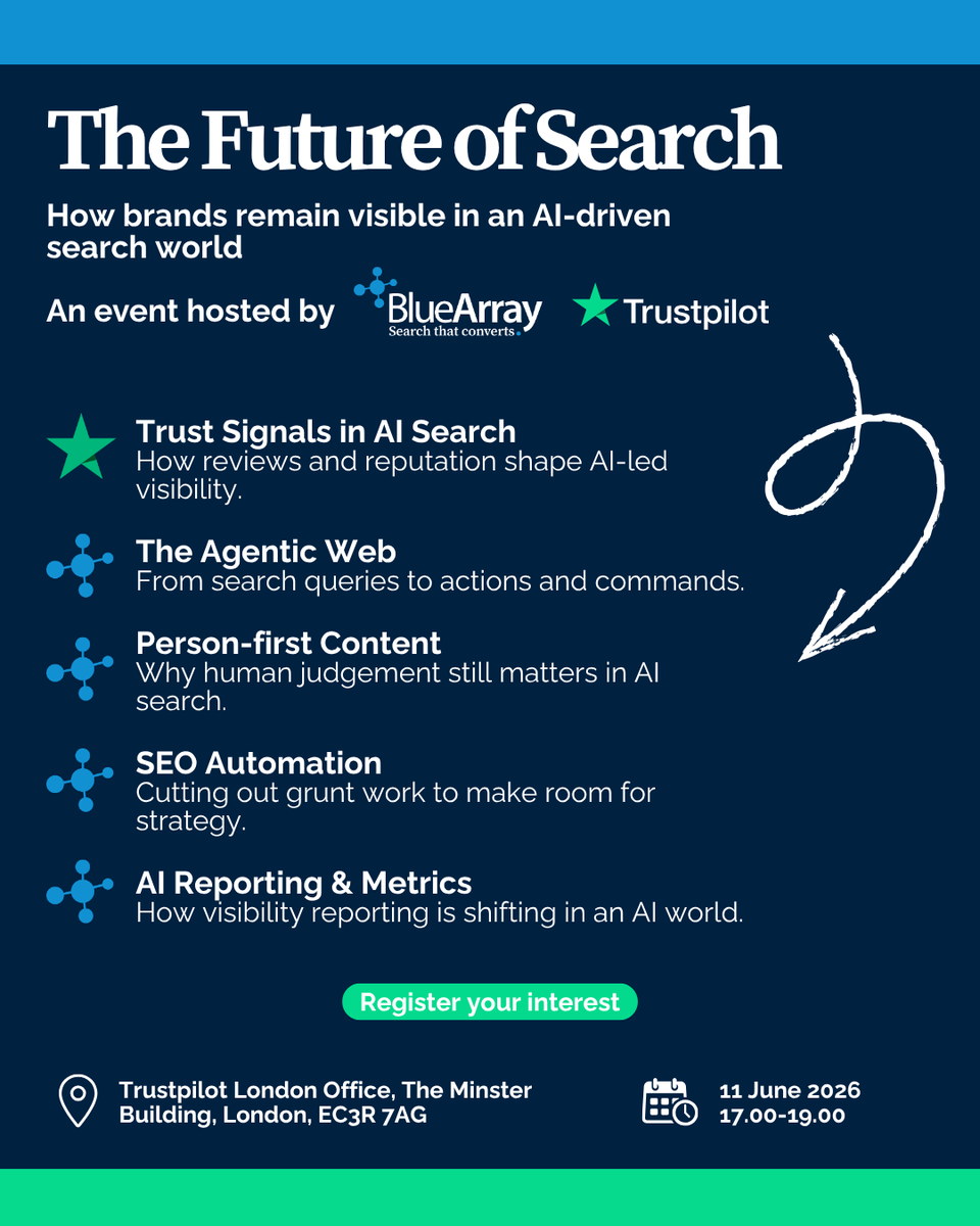 bluearrayseo's tweet photo. ⏰ 48 hours to go. Last places available.

This Thursday, we'll be at Trustpilot's London offices for The Future of Search, our free in-person event for brand-side marketers.

🎟️ Register here https://t.co/eaw01jwvEU https://t.co/S9b26iqfXv