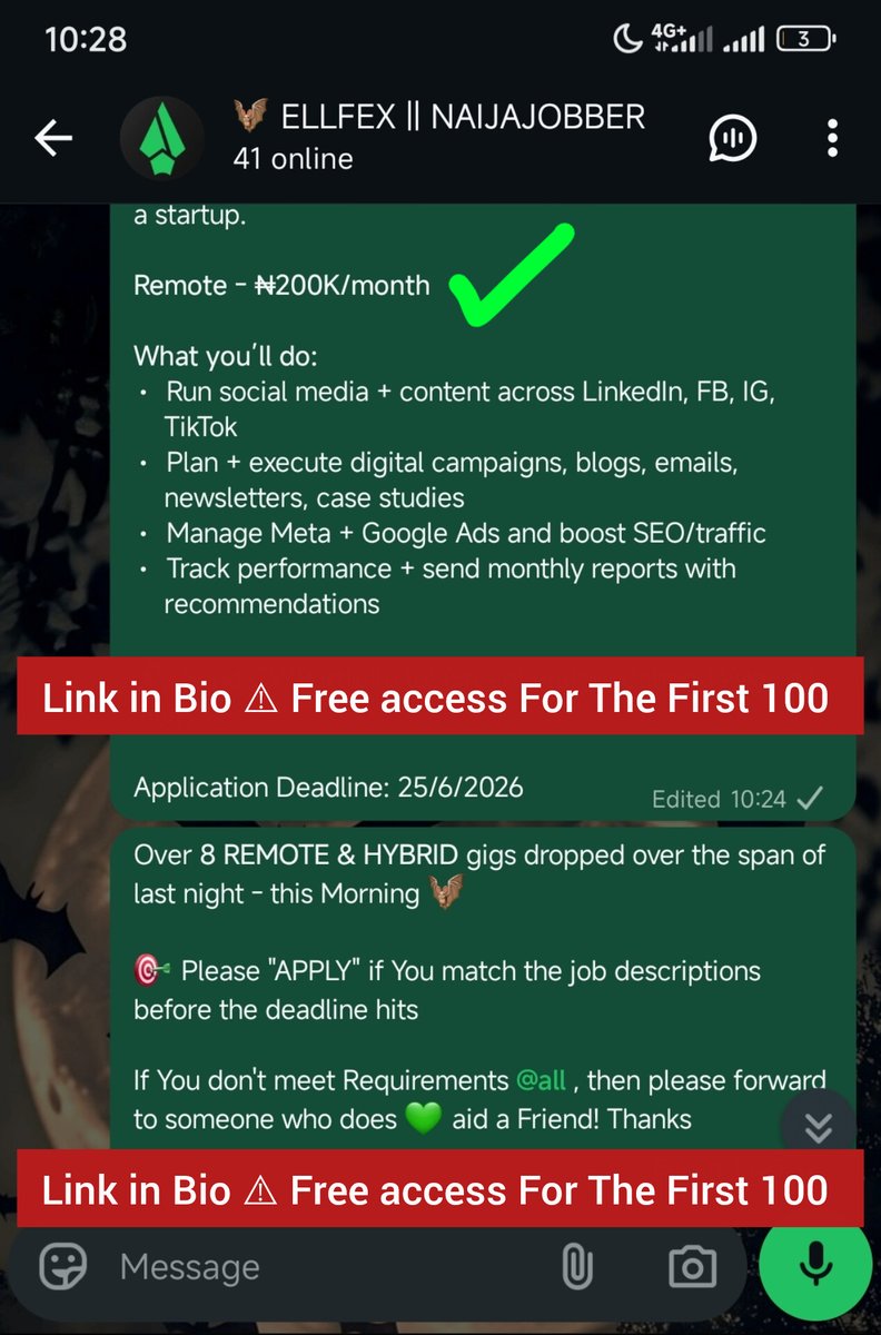 EllFexx's tweet photo. a WhatsApp Group where Job are dropped for free DAILY! be it Remote, Local Or  Hybrid 🧐

access to be Revoked after First 100 people https://t.co/OQa4GtmbZn