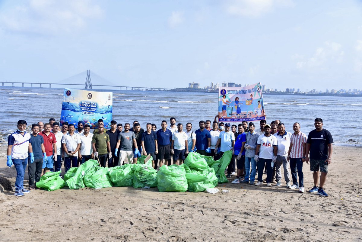 IN_WNC's tweet photo. 🌊🌏 World Oceans Day 2026

Material Organisation, Mumbai and Naval Station Karanja under #WNC commemorated #WorldOceansDay on 08 Jun 26, under the theme Reimagine: Beyond the world we know, a new relationship with our ocean.

Beach Cleaning Drives were conducted at Shivaji Park beach, Dadar Chowpatty, Mumbai and Karanja coast respectively by Material Organisation, Mumbai and Naval Station Karanja. Awareness campaigns emphasising the importance of marine ecosystem protection, adoption of the ♻️ Reduce-Reuse-Recycle principle, promotion of Zero Plastic Waste, and other sustainable environmental practices were also progressed.

These initiatives reaffirmed collective commitment to preserving our oceans and fostering environmental responsibility.

#Reimagine #ProtectOurBluePlanet

@indiannavy
@IndiannavyMedia
@DefPROMumbai