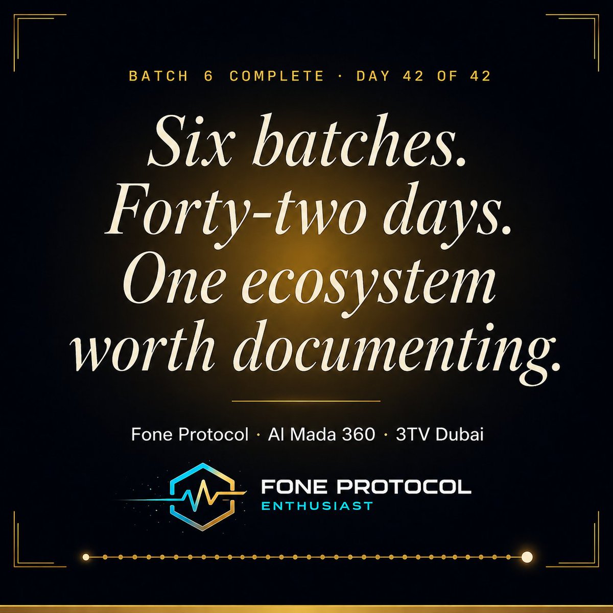 herruandrian's tweet photo. Day 42. Six content batches done.
This started as a documentation project —
one person deciding something
was worth consistent attention.
42 days. Factual. No speculation.
One ecosystem worth documenting.
Documentation continues.
#FONEProtocol #AlMada360 #Dubai https://t.co/vyJwjF9xyQ
