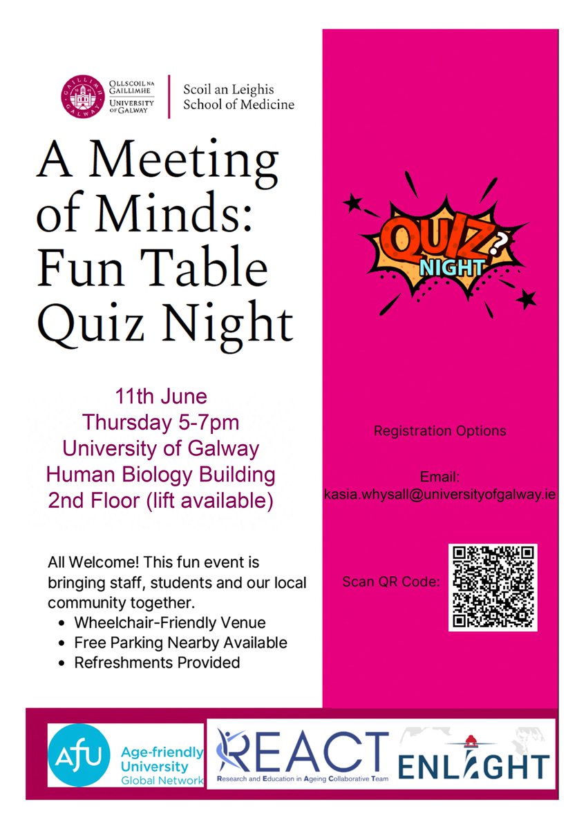 REACT_ENLIGHT's tweet photo. 🧠✨ A Meeting of Minds: Fun Table Quiz Night

📅 11 June
🕔 5–7 pm
📍 Human Biology Building, University of Galway

An evening bringing together staff, students &amp; the local community for fun, refreshments and friendly competition.

#REACT #ENLIGHT https://t.co/EWWKnBDUfP