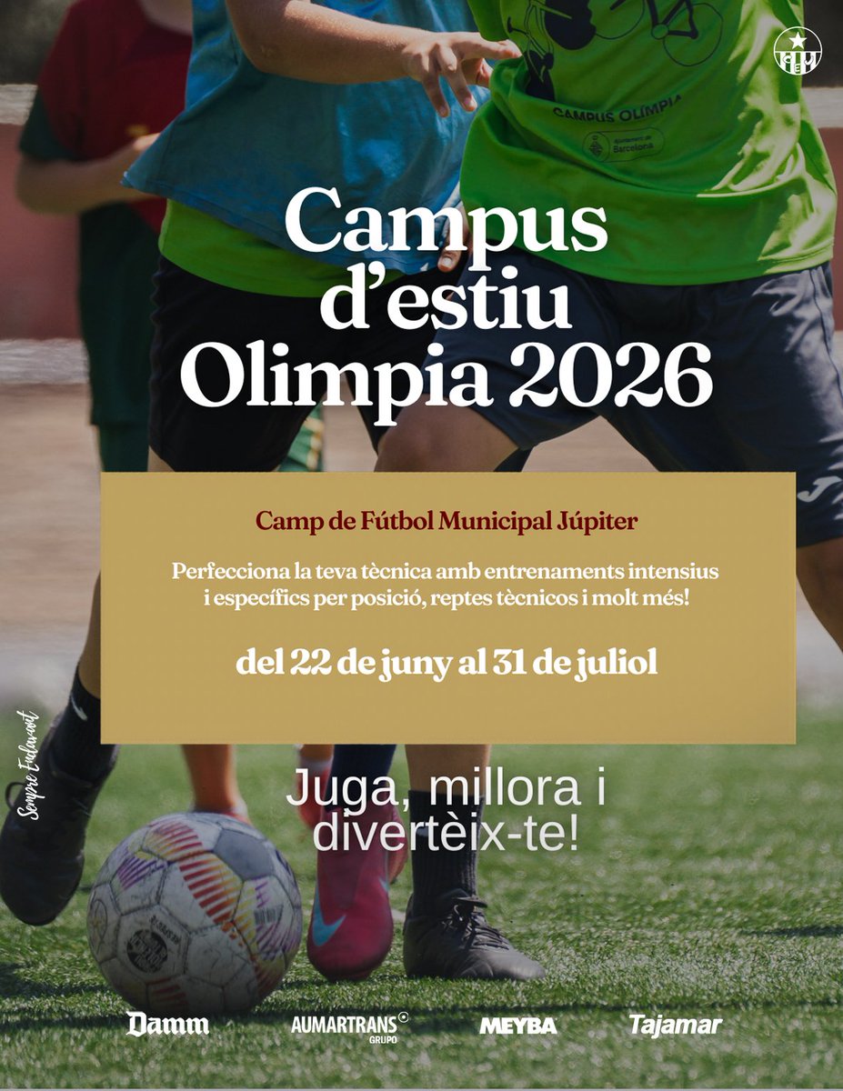 CE_Jupiter's tweet photo. ☀️ Torna el Campus d'Estiu Olímpia Júpiter'26!

📅 Del 22 de juny al 31 de juliol 
📍 Camp Municipal Júpiter 
⚽ 6 torns · Entrenaments intensius · Tots els nivells

Tota la informació i inscripcions 👇 🔗 https://t.co/u77XHdpQ63 https://t.co/isrIMtc3GX