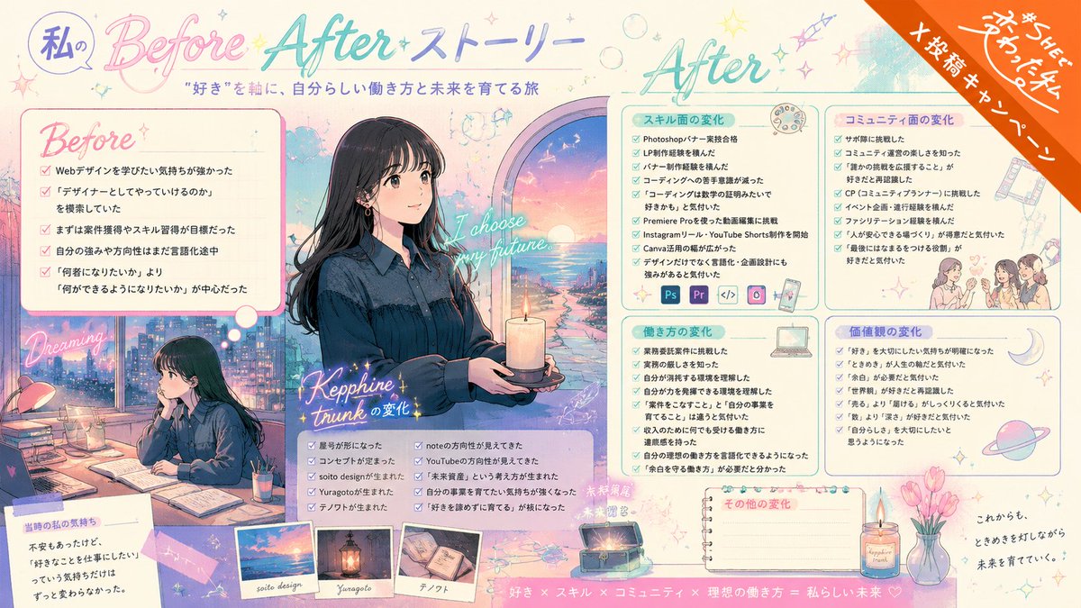 kepphire_25310's tweet photo. #SHEで変わった私 🤖💐

#シーライクス 入会した頃の私は、
「Webデザインを学びたい」
「案件を獲得できるようになりたい」
そんな気持ちでいっぱいでした。

でも、この1年を振り返ると変わったのは
スキルだけではありませんでした🥰

👇🏻ツリーに続きます https://t.co/UJYLZS6GrZ
