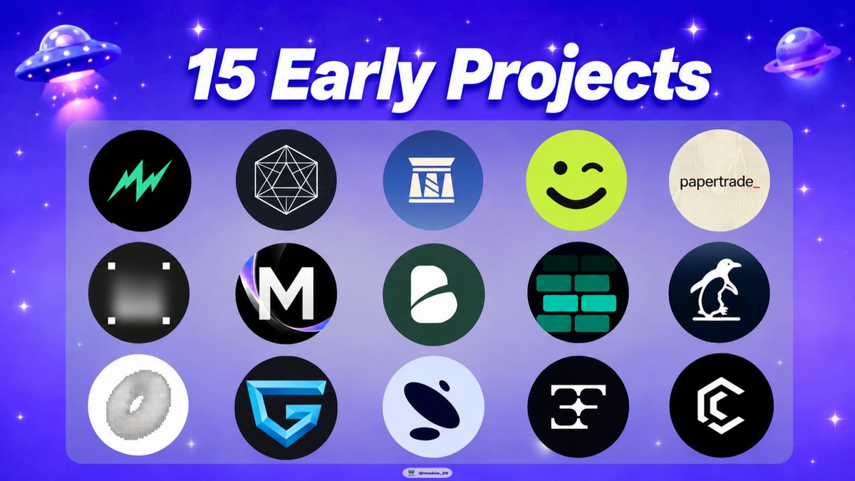 MOKIE_25's tweet photo. 15 Early Projects 🥂👽

→ @megawattyield - Blockchain powered platform for funding and earning yield from renewable energy infrastructure

→ @fdn_labs - USD backed stablecoin for payments, trading and DeFi use

 → @Mezzanine - 3 layer structured DeFi model with adjustable risk and protected yield mechanics

→ @Ezpzfi - Simplifies business operations with AI and automation to save time and boost efficiency

→ @Papertrade_xyz - Decentralized perpetual trading platform with up to 1000× leverage and zero trading fees

→ @HypernoveX - On chain prop trading platform that provides funded trading accounts with transparent, automated payouts

→ @0xmelodex - Web3 music platform where fans can invest in artists and earn from tokenized music royalties

→ @Beanstalk_fi - Decentralized stablecoin protocol that maintains BEAN’s dollar peg using a credit-based economic system

→ @brickit_xyz - platform for tokenized RWA, enabling fractional investment in real estate through blockchain technology

→ @fliptexts - Simple tool that converts normal text into upsidedown, reversed, or flipped text for social media and creative use

→ @perpadfun - Solana launchpad where every token is backed by a live leveraged perpetual position, with fees used for buybacks and token burns

→ @Grailed_gg - Blockchain-powered marketplace for trading and verifying digital gaming and esports collectibles.

→ @decenspace - Decentralized ground station marketplace connecting satellite operators with global communication infrastructure

→ @3f_xyz - DeFi platform offering leveraged exposure to tokenized RWAs and on chain yield opportunities

→ @cantomtrade - Next generation trading ecosystem perps for spot, prediction market & AI

I can bring projects to your attention, but researching them and deciding whether to participate is entirely up to you. Always DYOR

If you think this valuable, bookmark it 🔖💚