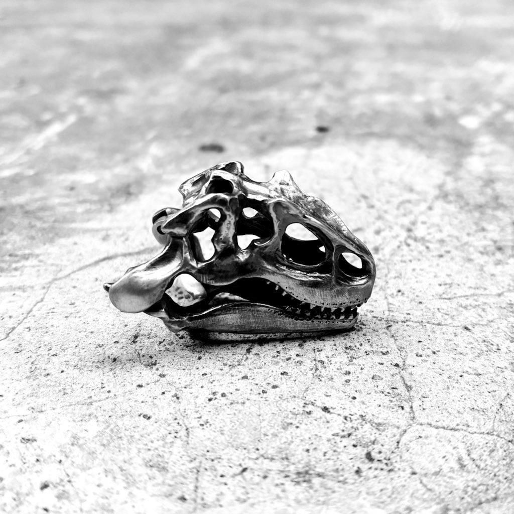 jupit_record's tweet photo. アロサウルスの頭骨模型

と見せかけてシルバーリングになる作品

「異竜」というバチクソかっこいい話名をお持ちで日本とも縁の深いイケメン恐竜です

私の作品の中ではアイコニックさで引けを取るのかティラノやトリケラの陰に隠れがちですが非常に気に入ってる作品です https://t.co/jcHQcyKATB