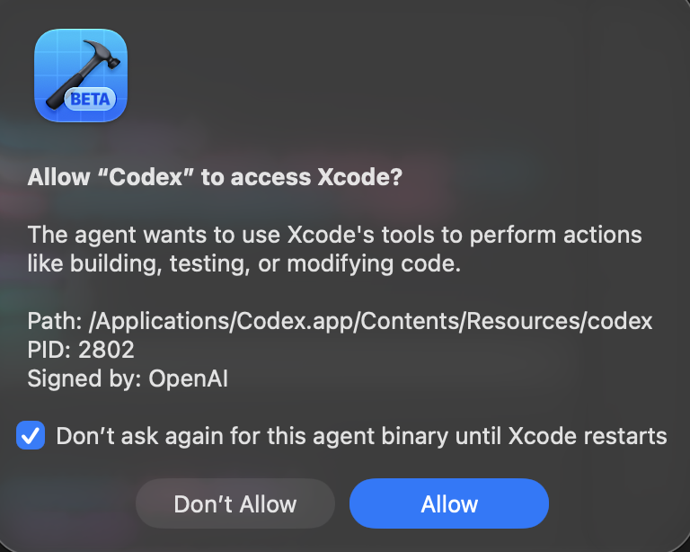 kymmt24's tweet photo. Xcode 27 の神機能()

> Don't ask again for this agent binary until Xcode restarts https://t.co/cWBCICqCod