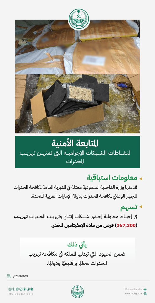 kafaat791's tweet photo. حربنا على المخدرات مستمرة .. معلومات استباقية من وزارة الداخلية تسهم في إحباط محاولة تهريب (267,300) قرص من مادة الإمفيتامين المخدر بالتنسيق مع الجهاز الوطني لمكافحة المخدرات بدولة الإمارات العربية المتحدة.

`الحرب على المخدرات` https://t.co/SilcnwzUiH