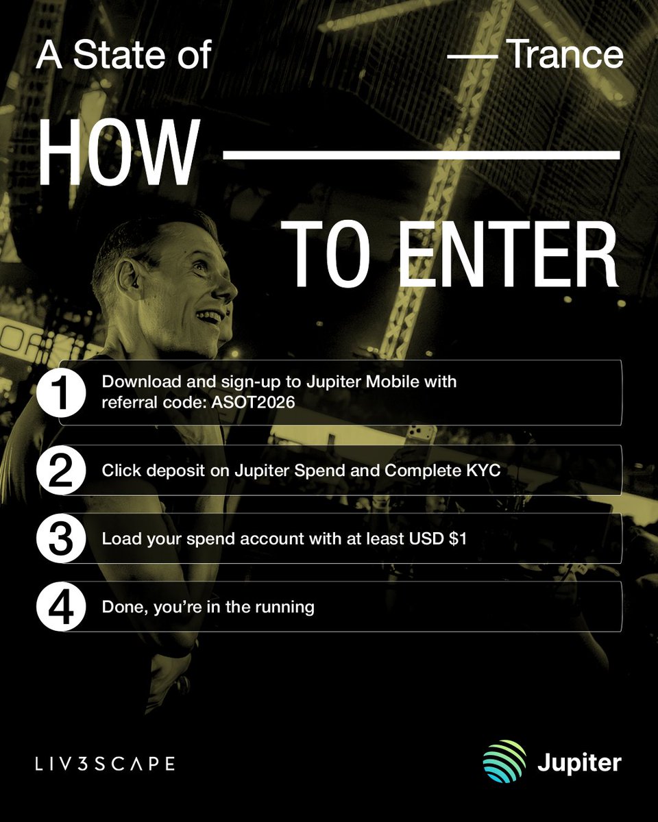 jup_mobile's tweet photo. Here’s how to get in:

1️⃣ Download and sign-up to Jupiter Mobile with referral code: ASOT2026 at https://t.co/EKuyB2iljE
2️⃣ Click deposit on Jupiter Spend and Complete KYC
3️⃣ Load your spend account with at least USD $1
4️⃣ Done, you’re in the running. https://t.co/A2RO3Y47gQ