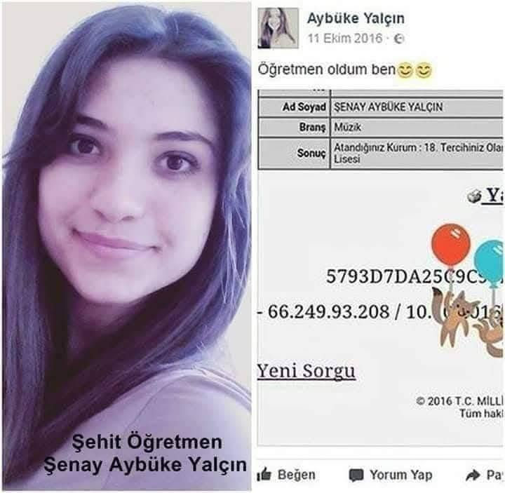 TOPRAK_2_'s tweet photo. 🇹🇷🇹🇷🇹🇷😔
Aybüke Yalçın, "Öğretmen oldum ben” diyerek eğitim ordumuza katıldı.
“Bayrağın dalgalandığı her yer vatandır” 
diyerek, meslek aşkıyla 
görev yerine gitti, genç nesillere bilgi aşıladı. 
Büyük özveriyle sürdürdüğü mesleğinin sekizinci ayında; çok sevdiği öğrencilerinin karne heyecanına ortak olduğu, hayatının baharında aramızdan ayrılan 22 yaşında 
Şenay Aybüke Yalçın öğretmeni, göreve başladığı Batman'da şehit edilişinin yıl dönümünde rahmet ve saygıyla anıyoruz.
09 / 06 / 2017
Aybüke öğretmenimizi unutmadık, unutmayacağız.🇹🇷🇹🇷🇹🇷🇹🇷
Mekânın CENNET Olsun