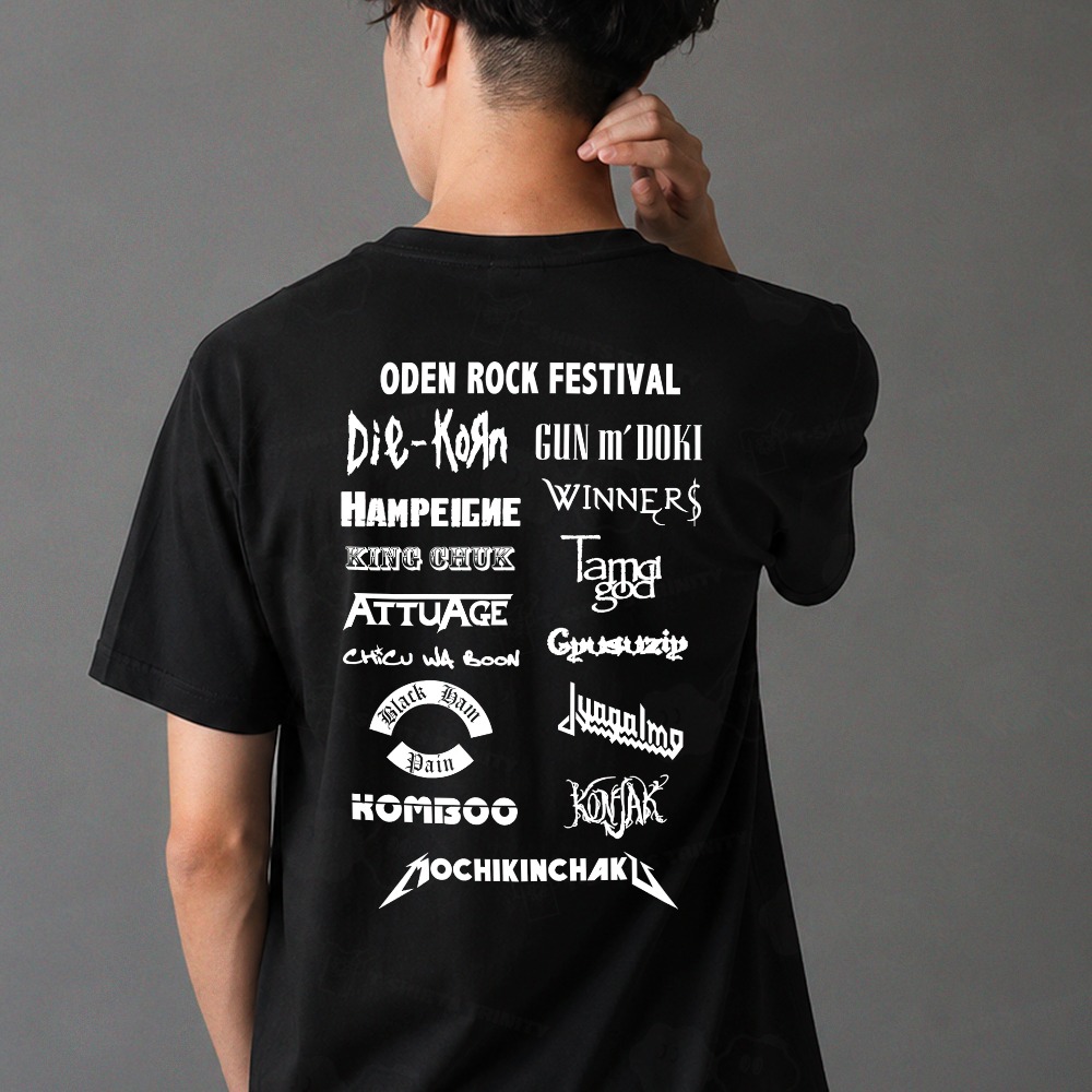 tshirtstrinity's tweet photo. 今年もフェスの季節がやってきた！

……と思いきや、よく見て？
「ODEN」「SUSHI」「RAMEN」…！？

誰も見たことない架空のロックフェスTシャツが大集合。

これ着て街を歩けば、すれ違う人全員を二度見させる自信あります。

今年の夏は、お好みのフェスで暴れようぜ！