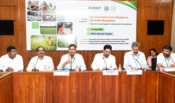 ICRISAT's tweet photo. Telangana Agri-Input Dealers Training Program – Batch 5 | 4–5 June 2026

A two-day training program on soil health management for agri-input dealers from #Telangana was jointly conducted by ICRISAT and the Telangana State Agro Industries Development Corporation Limited at ICRISAT Headquarters on 4–5 June 2026.

Aligned with the #WorldEnvironmentDay2026 theme, "Our Planet, Our Future," the training highlighted the importance of responsible input use and soil stewardship in building resilient and sustainable dryland farming systems.

The program showcased practical solutions and technologies that support #soilhealth, sustainable agriculture, and climate-resilient farming.