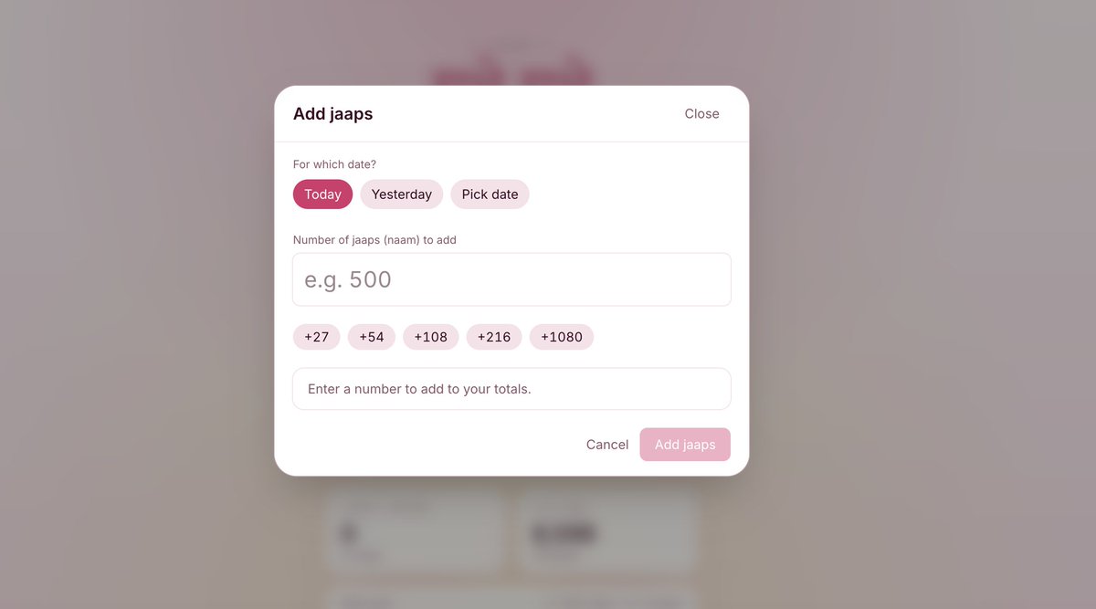 partharr's tweet photo. https://t.co/Z5AvkjMY0H

Added the feature to add naam jaap . Personally, naam jaap is helping me a lot in my tough times and this is just a way to connect with more people doing naam jaap . 

Next feature is you can find accountability partners. https://t.co/lLGN12a1fx
