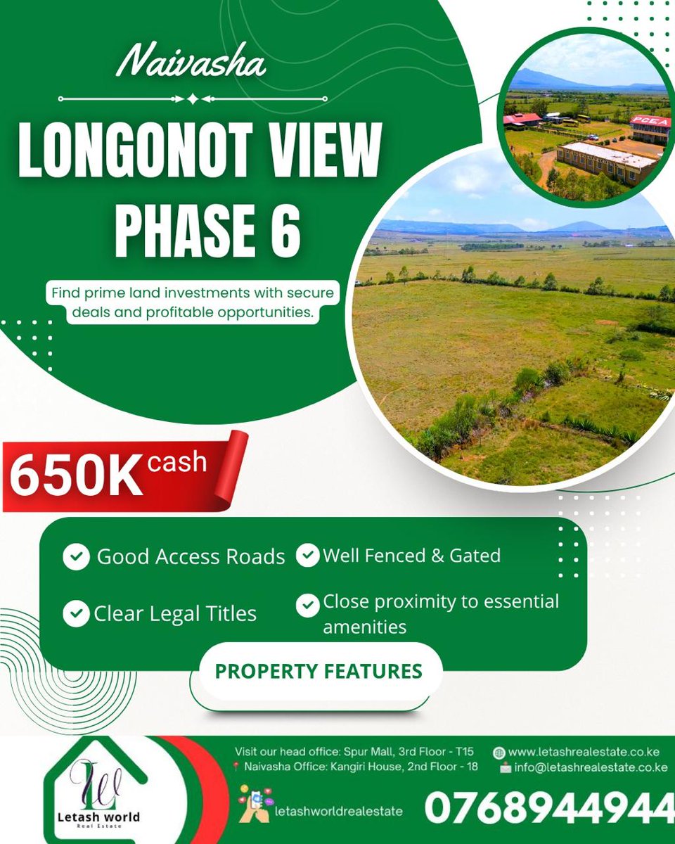 letashworld's tweet photo. What if Ksh. 650K could buy you more than land?

A future home.
A weekend getaway.
An investment that grows with time.
📍 Longonot View Phase 6, Naivasha
📞 0768944944
Secure your plot today.
#RoarForAfrica / Gachagua / PamojaRohoJuu / eCitizen https://t.co/ZlqNTWlgdg