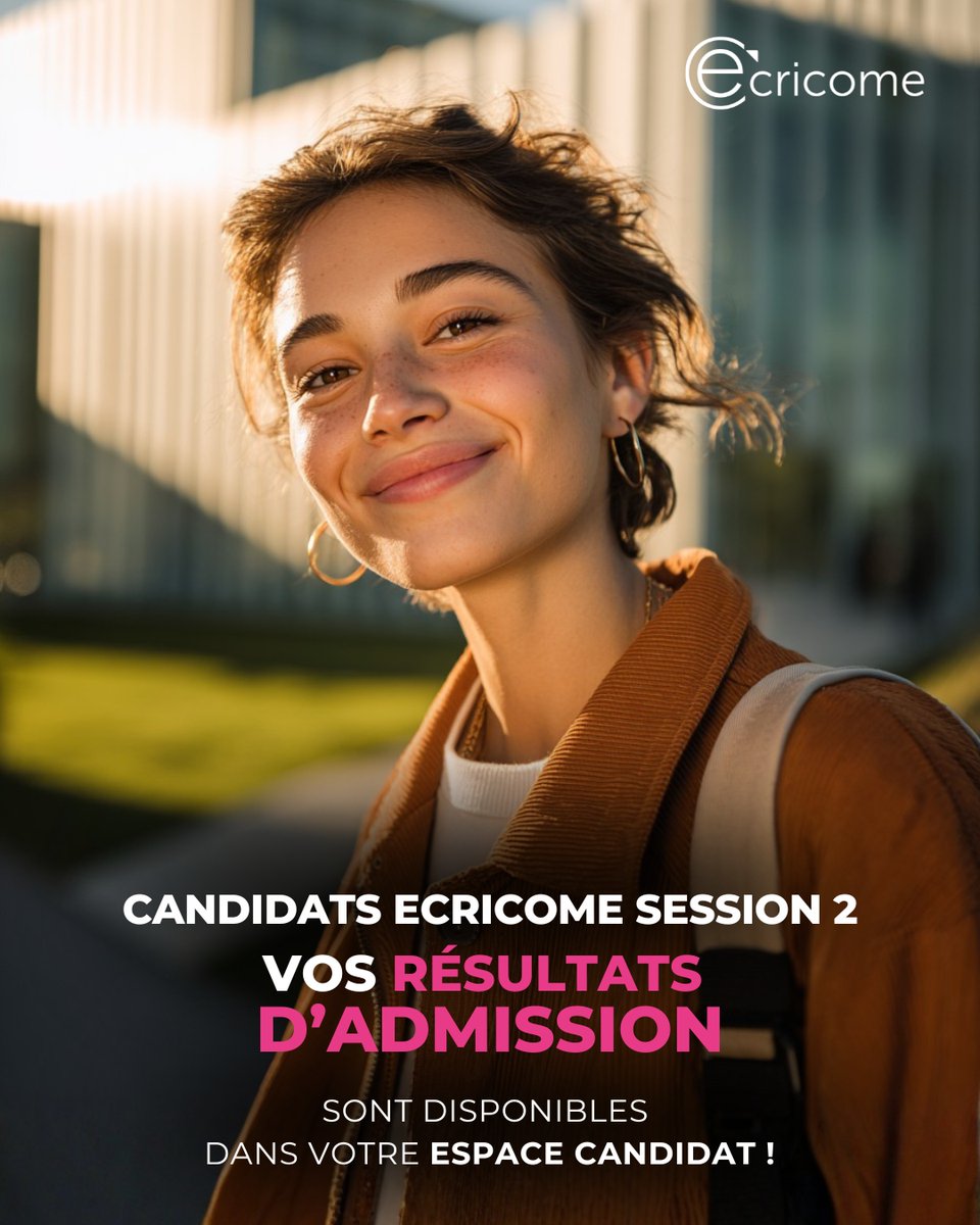 ecricome's tweet photo. 🎉 Vos résultats d’admission sont en ligne dans votre Espace Candidat. Concours ECRICOME TREMPLIN Bac+2 &amp; Bac+3, D1/D2 et SCIENTIFIQUES – Session 2.
⏰ Propositions d’affectation demain dès 12h.
@EMStrasbourg @KedgeBS @MBS_edu @NEOMAbs @RennesSB 

#ECRICOME #Admissions https://t.co/ae3V3lBrxf