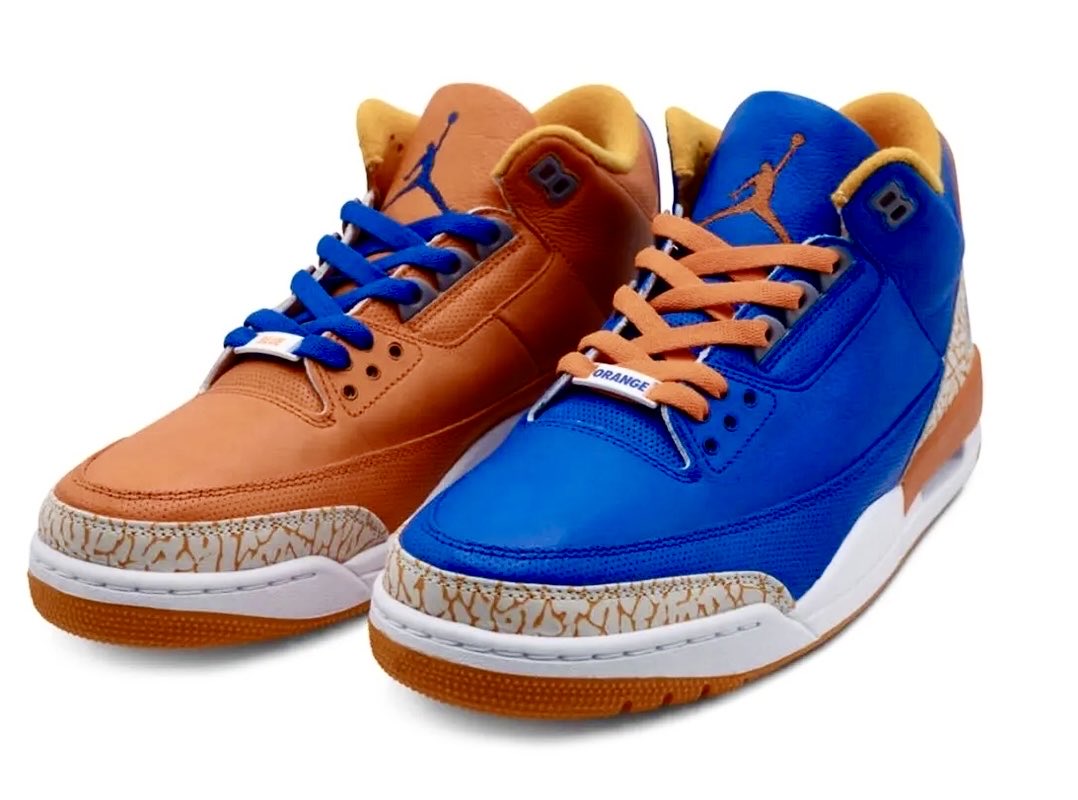 ScottMackenzie3's tweet photo. If you’re looking for Spike Lees kicks he wore during game 3. You can just look. Jordan brand made him a One of One Jordan for tonight’s game. He also wore his Custom Pope Leo number 14 jersey. https://t.co/3bHo9UGUFy