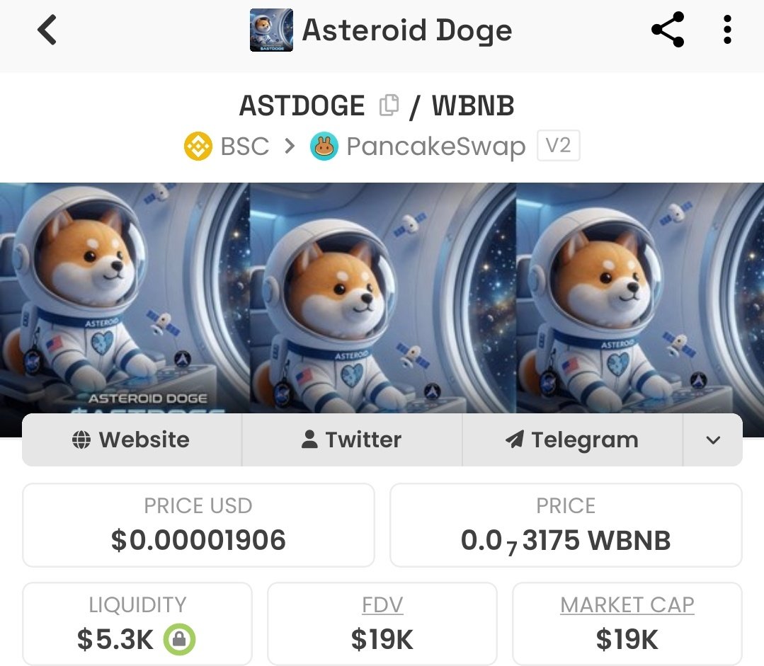 fayazyash7's tweet photo. Asteroid Doge $ASTDOGE 
The first #ASTDOGE on #BSC.

CA Renounced,
LP: Locked nearly 5,000 years &amp; Renounced.
CA:
0xb7E51D9719293E175e5b523b2BDd1693D87FaaAD

Website:
https://t.co/00zO8Y8PVl

TG: https://t.co/OOjQXv4qYQ
@bsclaunchsoon https://t.co/nycBI8DKKf