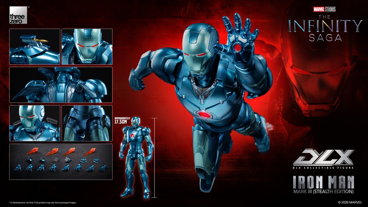 threezeroHK's tweet photo. 【Pre-order the DLX Iron Man Mark 3 (Stealth Edition) NOW!】

Don't miss your chance to pre-order the DLX Iron Man Mark 3 (Stealth Edition)! Secure yours at threezero Store, threezero Tmall, and selected distribution partners worldwide.

https://t.co/LzsZMr9AM7

SRP: 99.9 USD/ 720 RMB/ 780 HKD/ 3,230 TWD/ 16,090 JPY

©2026 MARVEL

※ This item is only available in USA, Canada, People's Republic of China, Hong Kong S.A.R. and Macau S.A.R., Mongolia, South Korea, Japan, Taiwan. (Taiwan Region is included and exclusively handled by Beast Kingdom)
※ In development. Final product may vary from promotional images.

#threezero #Marvel #IronManMark3 #DLX #actionfigures
