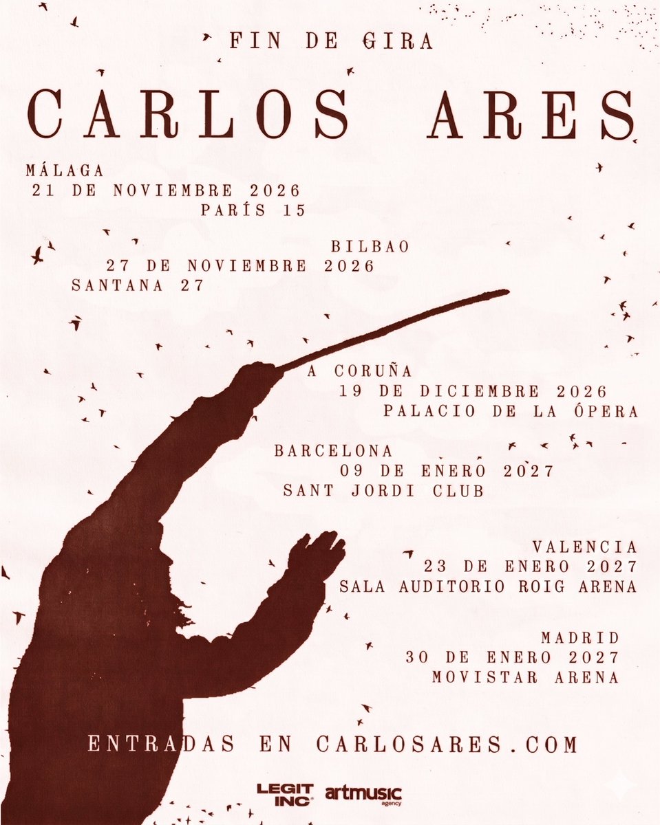 artmusicagency's tweet photo. 🤎 𝐂𝐚𝐫𝐥𝐨𝐬 𝐀𝐫𝐞𝐬 anuncia un fin de gira con conciertos en Madrid, Barcelona, Valencia, A Coruña, Bilbao y Málaga. 🛖

🎟️ Entradas el jueves a las 12:00h en https://t.co/hgMMuFWGAa

#CarlosAres #FinDeGira #LaBocaDelLobo https://t.co/7IySC8F7Mm