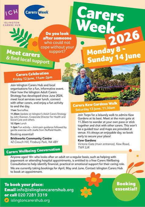 IslingtonMind's tweet photo. Carers Celebration Friday 12th June 11am-2pm, Brickworks Community Centre, 42 Crouch Hill, Finsbury Park, N4 4BY - Join @ichcarers and local organisations for a fun, informative event https://t.co/jHi6vCXy5J