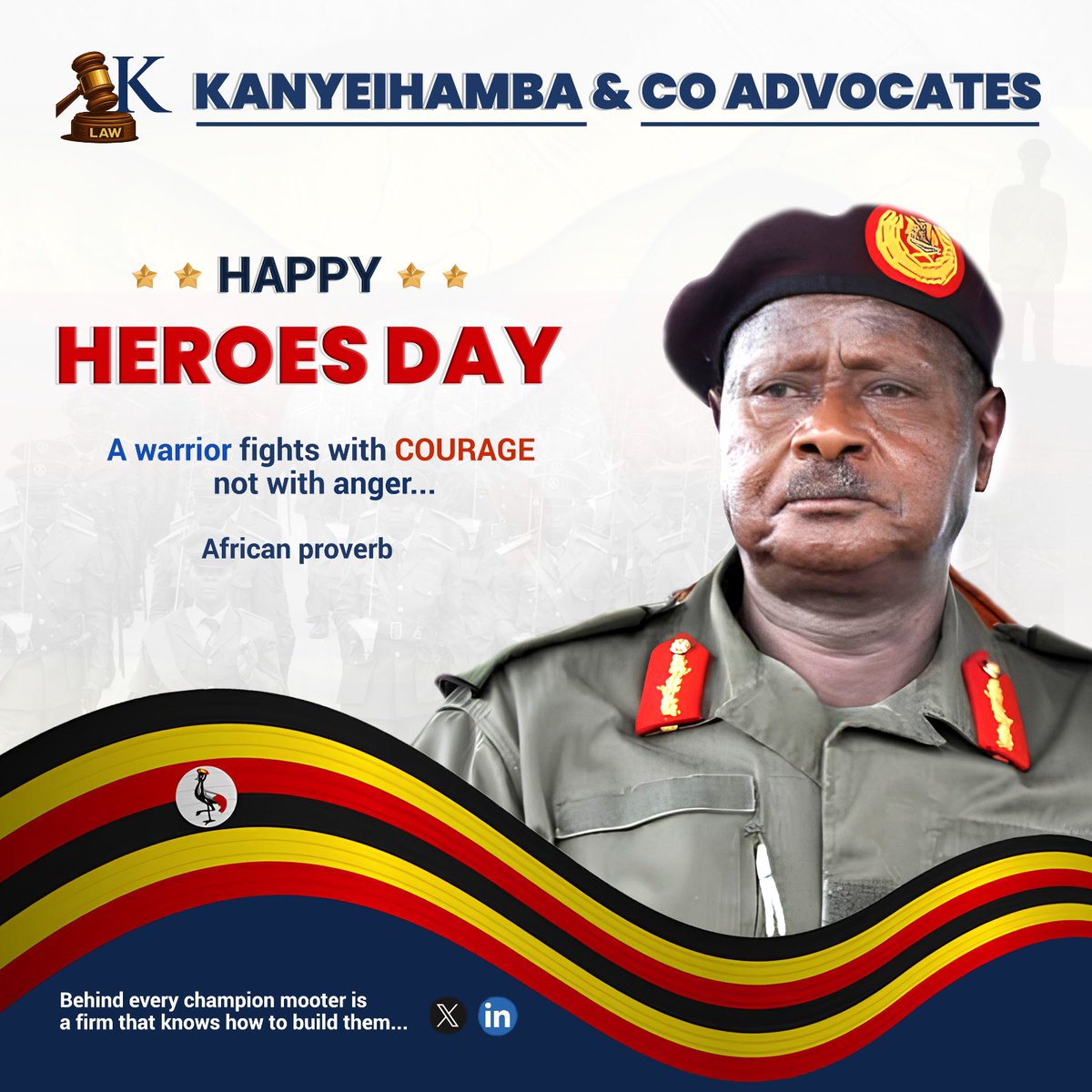 WilliamWatuwa's tweet photo. "A warrior fights with courage, not with anger." 🇺🇬
​On this #HeroesDay, we honor the brave souls whose sacrifices paved the way for our justice, liberty, and rule of law. Behind every champion, there is a foundation of strength.
​Proudly standing with the legal minds of tomorrow. 
@KanyeihambaCo 
​#HeroesDay2026 #Uganda #LegalExcellence #MootCourt