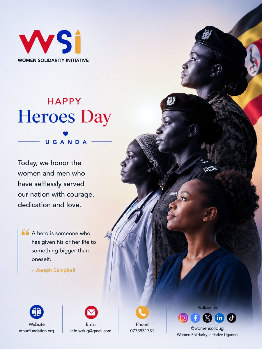 womensolidug's tweet photo. Today, we celebrate the courage, sacrifice, and service of Uganda's heroes; those whose actions, big and small, have helped shape our nation.

To the women who lead, serve, nurture, build, and inspire every day, we honour your contribution.

Happy Heroes Day.

 #wsiuganda https://t.co/JbeVGoZqZU