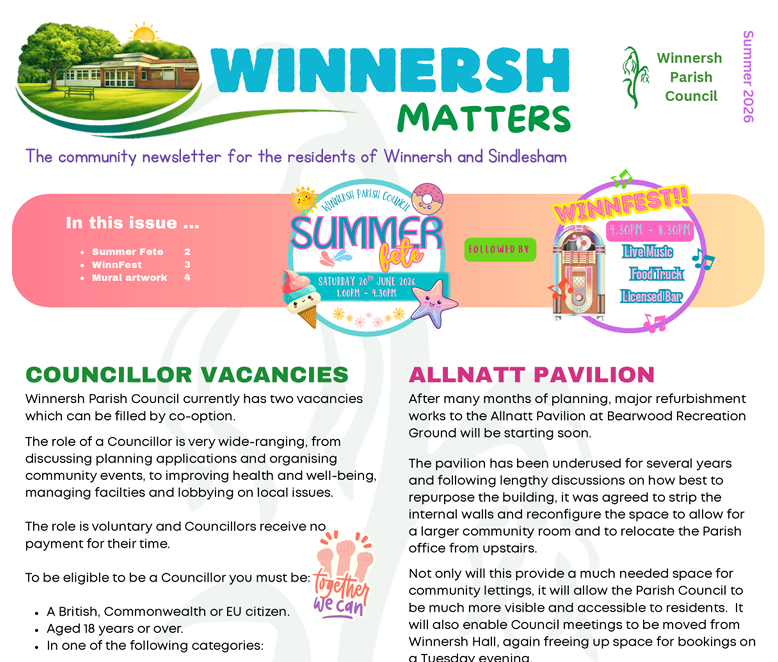 ParishWinnersh's tweet photo. Winnersh Parish Council has produced the latest edition of the Winnersh Matters E-Newsletter.

This extended edition has more information and full details of this years Winnersh Summer Fete which is being held on Saturday 20th June.

https://t.co/1bIFohuDwD

#winnersh #sindlesham https://t.co/zi1NycvgeT