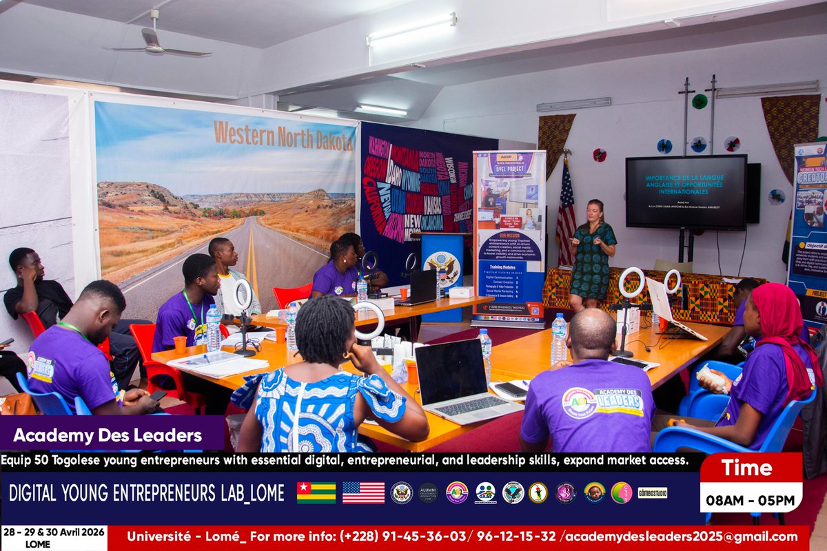 AcademyDesLeade's tweet photo. 🚀 Day 3 of #DYEL Maritime: AI, WhatsApp automation, Amazon, LinkedIn, crowdfunding &amp; YALI opportunities empowered 12 entrepreneurs and 10 students in Lomé 🇹🇬. With support from UNFPA Togo, we're building Africa’s next innovators. Follow our journey #Leadership @USEmbassyLome https://t.co/KsymbeoUrl