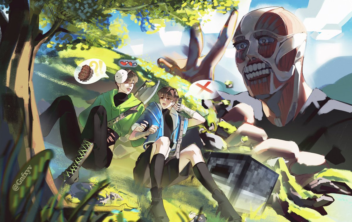 Gnfxyv's tweet photo. “2 manhunt speedrunners vs TITAN” 
!!art collab!! #DreamThumbnailRedraw #dreamfanart https://t.co/ygf6S09WPb