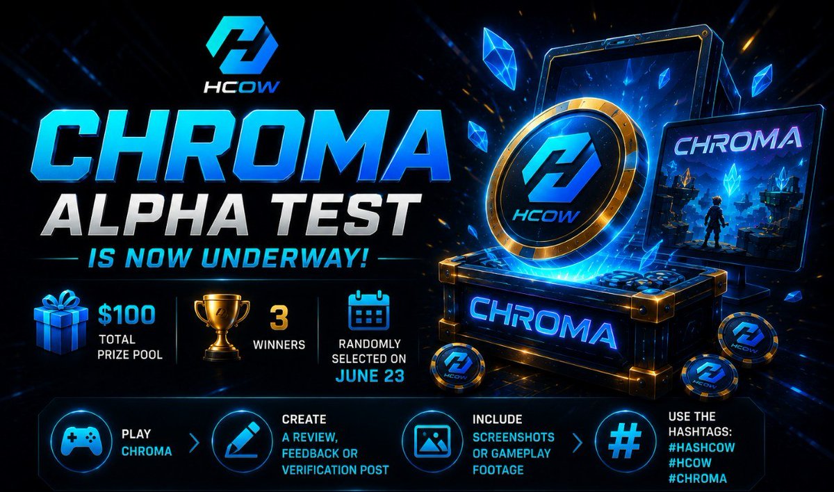 HCOW_Official's tweet photo. The HASHCOW Game CHROMA Alpha Test is now underway, and we're rewarding players who help spread the word.
🎁 $100 Total Prize Pool
🏆 3 Winners
💰 Randomly selected on June 23
How to Participate:
1️⃣ Play CHROMA
2️⃣ Create a gameplay review, feedback post, or gameplay verification post on X
3️⃣ Include screenshots or gameplay footage
4️⃣ Use the hashtags:
#HASHCOW #HCOW #CHROMA
📅 Winners will be randomly selected and announced on June 23.
🎮 Play CHROMA:
https://t.co/bGpqY4wIn5
Your feedback helps shape the future of CHROMA and the HCOW gaming ecosystem.
Good luck and have fun climbing. 🚀