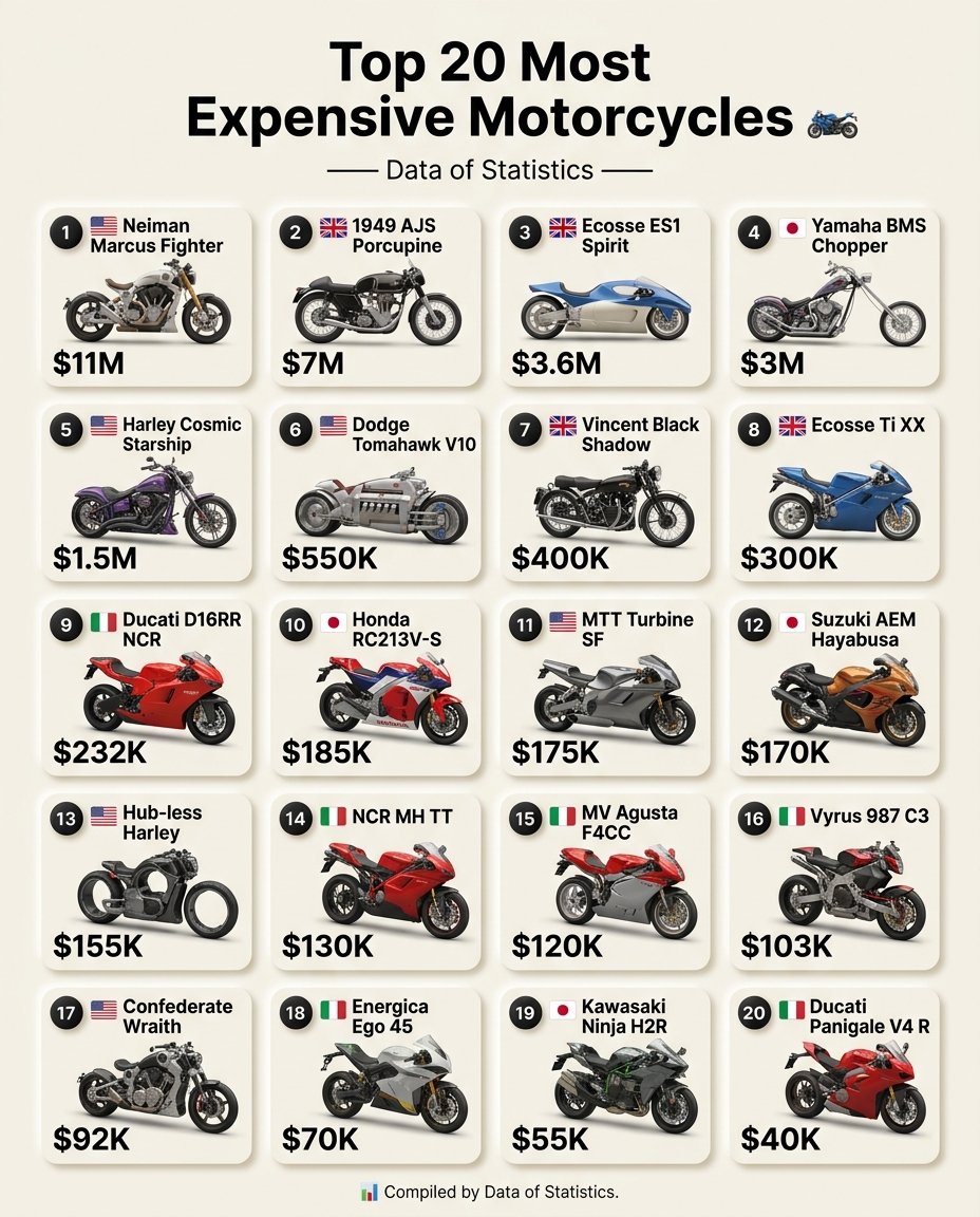 DataOfStats's tweet photo. Top 20 Most Expensive Motorcycles 🏍️

1. 🇺🇸 Neiman Marcus Fighter – $11M  
2. 🇬🇧 1949 AJS Porcupine – $7M  
3. 🇬🇧 Ecosse ES1 Spirit – $3.6M  
4. 🇯🇵 Yamaha BMS Chopper – $3M  
5. 🇺🇸 Harley Cosmic Starship – $1.5M  
6. 🇺🇸 Dodge Tomahawk V10 – $550K  
7. 🇬🇧 Vincent Black Shadow – $400K  
8. 🇬🇧 Ecosse Ti XX – $300K  
9. 🇮🇹 Ducati D16RR NCR – $232K  
10. 🇯🇵 Honda RC213V-S – $185K  
11. 🇺🇸 MTT Turbine SF – $175K  
12. 🇯🇵 Suzuki AEM Hayabusa – $170K  
13. 🇺🇸 Hub-less Harley – $155K  
14. 🇮🇹 NCR MH TT – $130K  
15. 🇮🇹 MV Agusta F4CC – $120K  
16. 🇮🇹 Vyrus 987 C3 – $103K  
17. 🇺🇸 Confederate Wraith – $92K  
18. 🇮🇹 Energica Ego 45 – $70K  
19. 🇯🇵 Kawasaki Ninja H2R – $55K  
20. 🇮🇹 Ducati Panigale V4 R – $40K

📊 Compiled by Data of Statistics.